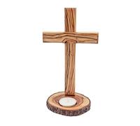 Olive Wood Table Alter Cross (8 Inch), Wood Standing Plain Cross with ‘Candle Holder Base’