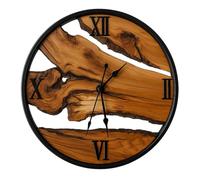 Olive Wood Wall Clock - Large Handmade Silent Wooden Clock with Metal Frame, Rustic Wall Hanging Decor for Living Room, Bedroom, Office - Unique Gift for New Home (Olive Wood, 20 inches)