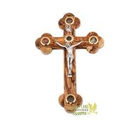 Olive Wood Wall Crucifix - Holy Land Cross 5 Glasses Adorned with flowers, stones,olive leaves and frankincense from the Holy Land (11 x 7.2 Inches)