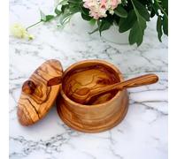 Olive Wooden Spice Jar with Spoon Tea Coffee Sugar Bowl Salt Pepper | Sugar Pot Kitchen Storage Boxes Seasoning Pot, Healthy Kitchen Storage Containers | Ø 10 cm |