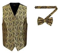 Oliver George 2pc Men's Paisley Formal Suit Vest Waistcoat Tuxedo Dress Vest Bowtie Set for Suit or Tuxedo, Gold Black, XX-L