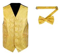 Oliver George 2pc Men's Paisley Formal Suit Vest Waistcoat Tuxedo Dress Vest Bowtie Set for Suit or Tuxedo, Yellow Gold, X-Large