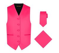 Oliver George 3pc Men's Solid Formal Suit Vest Waistcoat Tuxedo Dress Vest Necktie Handkerchief Set For Suit or Tuxedo, Fucshia Pink, 4XL