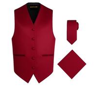 Oliver George 3pc Men's Solid Formal Waistcoat Tuxedo Dress Vest Necktie Handkerchief Set For Suit or Tuxedo, Burgundy, XX-L