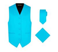 Oliver George 3pc Men's Solid Formal Waistcoat Tuxedo Dress Vest Necktie Handkerchief Set For Suit or Tuxedo, Turquoise, Medium