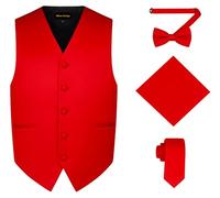 Oliver George 4pc Men's Solid Formal Suit Waistcoat Tuxedo Dress Vest Necktie Bowtie Handkerchief Set for Suit or Tuxedo, Red, XXXXL