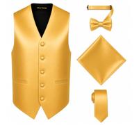 Oliver George 4pc Men's Solid Formal Suit Waistcoat Tuxedo Dress Vest Necktie Bowtie Handkerchief Set for Suit or Tuxedo, Gold, XL