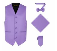 Oliver George 4pc Men's Solid Formal Suit Waistcoat Tuxedo Dress Vest Necktie Bowtie Handkerchief Set for Suit or Tuxedo, Lavender, XS