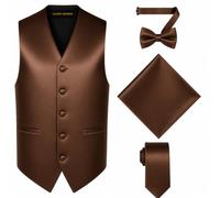 Oliver George 4pc Men's Solid Formal Suit Waistcoat Tuxedo Dress Vest Necktie Bowtie Handkerchief Set for Suit or Tuxedo, Brown, 4XL