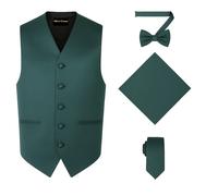 Oliver George 4pc Men's Solid Formal Suit Waistcoat Tuxedo Dress Vest Necktie Bowtie Handkerchief Set for Suit or Tuxedo, Forest Green, Large
