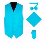 Oliver George 4pc Men's Solid Formal Waistcoat Tuxedo Dress Vest Necktie BowTie Handkerchief Set For Suit or Tuxedo, Turquoise, Large