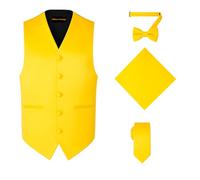 Oliver George 4pc Men's Solid Formal Waistcoat Tuxedo Dress Vest Necktie BowTie Handkerchief Set For Suit or Tuxedo, Yellow Gold, Medium