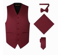 Oliver George 4pc Men's Solid Formal Waistcoat Tuxedo Dress Vest Necktie BowTie Handkerchief Set For Suit or Tuxedo, Wine Red, XS
