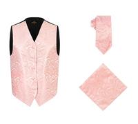 Oliver George Mens 3pc Formal Waistcoat Suit Dress Vest Floral Paisley and Necktie Pocket Square Wedding Set, Peach, Small