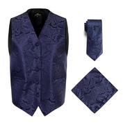 Oliver George Men's 3pc Paisley Formal Suit Waistcoat Tuxedo Dress Vest Necktie Handkerchief Set for Suit or Tuxedo, Navy Blue, Large