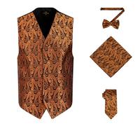 Oliver George Men's 4pc Paisley Design Waistcoat Tuxedo Dress Vest Necktie Bowtie Handkerchief Set for Suit or Tuxedo, Copper Gold, XXL
