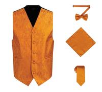 Oliver George Men's 4pc Paisley Design Waistcoat Tuxedo Dress Vest Necktie Bowtie Handkerchief Set for Suit or Tuxedo, Orange, Large
