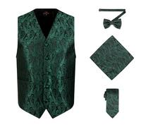 Oliver George Men's 4pc Paisley Formal Suit Waistcoat Tuxedo Dress Vest Necktie Bowtie Handkerchief Set for Suit or Tuxedo, Forest Green, XX-L