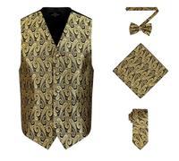 Oliver George Men's 4pc Paisley Formal Suit Waistcoat Tuxedo Dress Vest Necktie Bowtie Handkerchief Set for Suit or Tuxedo, Gold Black, 3XL