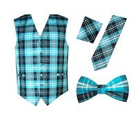 Oliver George Men's 4pc Plaid Design Formal Waistcoat Tuxedo Dress Vest NeckTie Bowtie Handkerchief Set For Suit or Tuxedo, Turquoise, Large