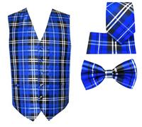 Oliver George Men's 4pc Plaid Design Formal Waistcoat Tuxedo Dress Vest NeckTie Bowtie Handkerchief Set For Suit or Tuxedo, Royal, XL
