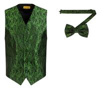 Oliver George Men's Paisley Formal Waistcoat Tuxedo Dress Vest Bow Tie Set for Suit or Tuxedo, Green/Black, XX-L