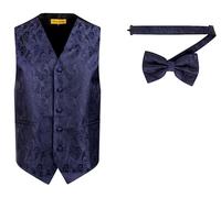 Oliver George Men's Paisley Formal Waistcoat Tuxedo Dress Vest Bow Tie Set for Suit or Tuxedo, Navy Blue, Large