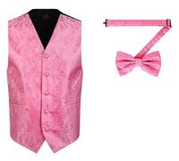 Oliver George Men's Paisley Formal Waistcoat Tuxedo Dress Vest Bow Tie Set for Suit or Tuxedo, Pink, X-Large