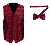 Oliver George Men's Paisley Formal Waistcoat Tuxedo Dress Vest Bow Tie Set for Suit or Tuxedo, Red/Black, XX-L