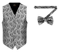 Oliver George Men's Paisley Formal Waistcoat Tuxedo Dress Vest Bow Tie Set for Suit or Tuxedo, Silver Black, X-Large
