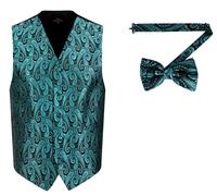 Oliver George Men's Paisley Formal Waistcoat Tuxedo Dress Vest Bow Tie Set for Suit or Tuxedo, Teal Green, X-Large
