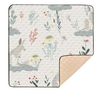 Oliver Jeffers Style Kangaroo Floral Print Cloud White Denim Large Sturdy Baby Play Mat for Indoor Outdoor Waterproof Infant Play Mat for Baby Kids Toddlers Infants, 50'' x 50''