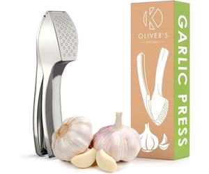 Oliver's Kitchen ® Premium Garlic Press - Super Easy to Use & Clean Garlic Crusher & Mincer - Crush Garlic & Ginger Effortlessly (No Need to Peel) - Built for Life - Strong & Durable (Silver)