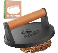 Oliver's Kitchen Smash Burger Press, Cast Iron Burger Smasher, Steak Weight | Heavy 17cm pre-seasoned cast iron smash burger press, wooden handle. Also a steak weight and bacon press for griddle or BBQ