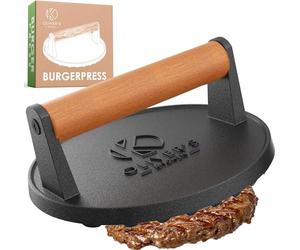 Oliver's Kitchen Smash Burger Press, Cast Iron Burger Smasher, Steak Weight | Heavy 17cm pre-seasoned cast iron smash burger press, wooden handle. Also a steak weight and bacon press for griddle or BBQ