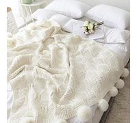 OliveSleep Hot hot Knitted Blanket, Cute Style Chunky Chenille Throw Blanket Sofa Bed Knitting with Pom-poms Decoration Soft Warm Comfortable for Young Girls and Boys (Cream, 130 x 160cm)