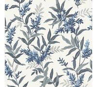 Olivia Blue Floral Leaf Wallpaper - Metallic Silver Effect Flowers Botanical Leaves - Stylish Trendy Feature Wall