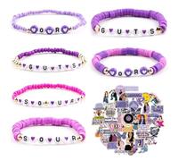 Olivia Bracelets Set for Women & Girls - GUTS & SOUR Album Inspired Beaded Friendship Bracelets with 50 Stickers, Purple Music Concert Accessories, Fan Merch Jewellery Gift for Birthday & Decorations
