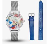Ladies Olivia Burton Pop Art Midi Dial Blue & Silver Mesh Watch Strap Gift Set OBGSET151