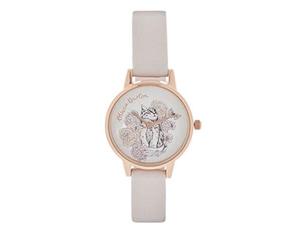 OLIVIA BURTON Women's Illustrated Animal Motif Cat Watch - Grey Lilac/Rose Gold, strip