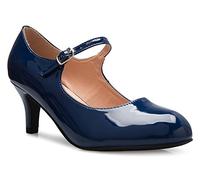 Olivia K Womens Classic Low Mid Heels Mary Jane Pumps - Adorable Round Toe Vintage Retro Shoes, Navy Patent, 8 UK