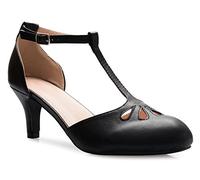 Olivia K Women's Kitten Low Heels T-Strap Pumps - Adorable Vintage Retro Shoes with T Strap - Unique Upper Cut Out Design, Black Pu, 6 UK