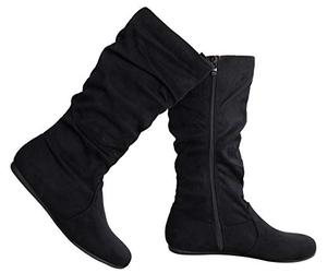Olivia K Womens Low Heel Mid-Calf Slouchy Suede Slip On Casual Boots with Side Zipper, Black Suede, 6.5 UK