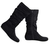 Olivia K Womens Low Heel Mid-Calf Slouchy Suede Slip On Casual Boots with Side Zipper, Black Suede, 8 UK