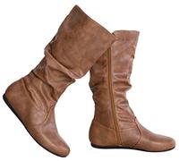 Olivia K Womens Low Heel Mid-Calf Slouchy Suede Slip On Casual Boots with Side Zipper, Tan Pu, 2 UK