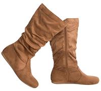 Olivia K Womens Low Heel Mid-Calf Slouchy Suede Slip On Casual Boots with Side Zipper, Tan Suede, 8 UK