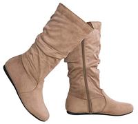 Olivia K Womens Low Heel Mid-Calf Slouchy Suede Slip On Casual Boots with Side Zipper, Taupe Suede, 8 UK