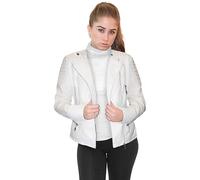 Olivia Miller Womens Faux Leather Zip Up Moto Biker Jacket, White, M