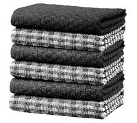 Olivia Rocco 100% Cotton Ascot Check Terry Tea Towels for Kitchen Pack of 6 Super Absorbent Dish Cloth Towel for Drying & Cleaning Household Essentials Black- 6 PK