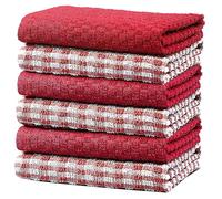 Olivia Rocco 100% Cotton Ascot Check Terry Tea Towels for Kitchen Pack of 6 Super Absorbent Dish Cloth Towel for Drying & Cleaning Household Essentials, Red- 6 PK